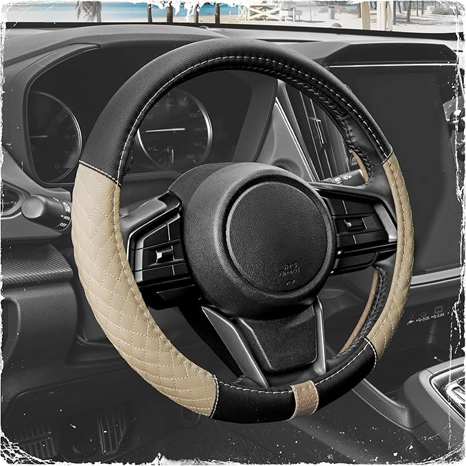 BDK C&C California Car Steering Wheel Cover Beige Diamond Quilt, Non Slip Leather Steering Wheel Cover for Women Men, Cute Comfortable Soft Easy Installation Universal Fit (Fits 14.5"-15.5" Inches)