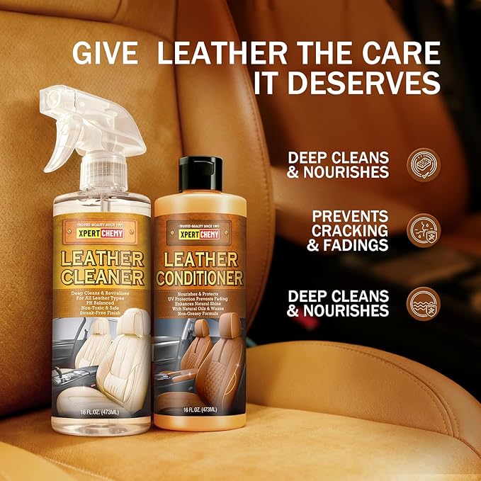 Leather Cleaner and Conditioner Kit, Leather Care for Car Seats, Furniture, Couches, Boots, Bags & More, Safe for Any Color, 2 x 16oz