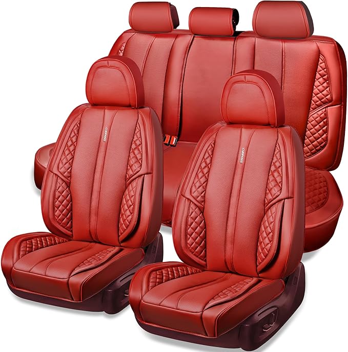 CAR PASS Nappa PU Leather Car Seat Covers Full Set Waterproof Protector Durable Cushioned,Universal Fit for Sedan SUV Pick-up Truck,Anti-Slip Luxury Premium Deluxe(Red)