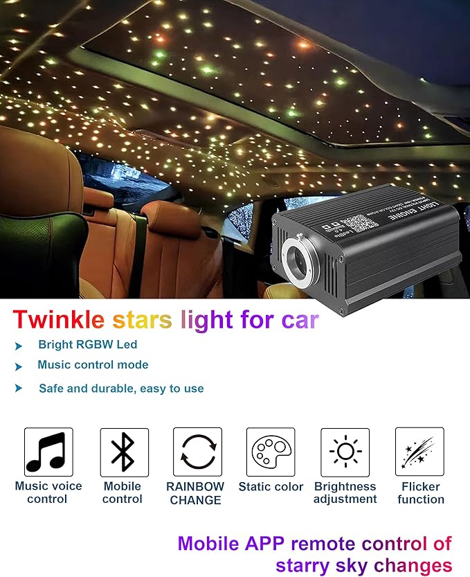 Starlight Headliner Kit for Car, 750pcs 0.03in x 9.8ft Fiber Optic Star Lights with 16W RGBW, 200 White Shooting Stars, App & Remote Control Car Ceiling Projector