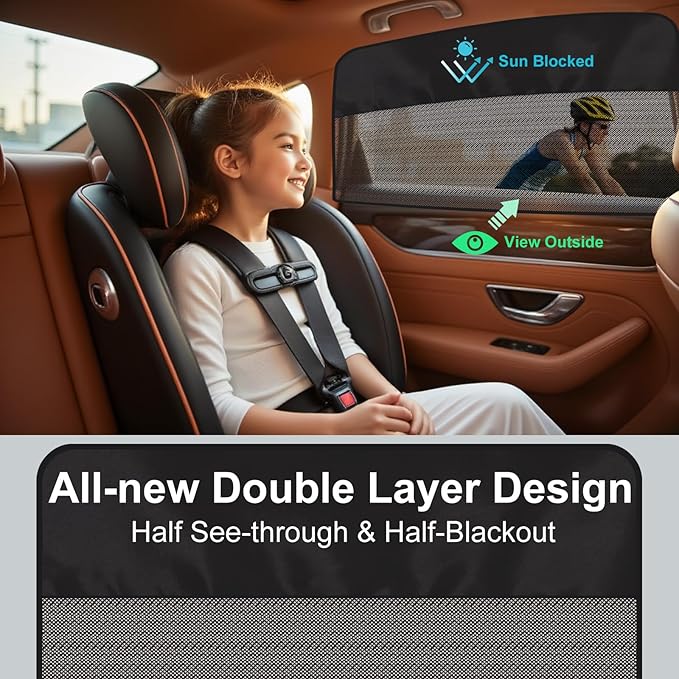 Car Side Window Sun Shades, 4 Pcs Magnetic Car Window Covers for Baby, Half Blackout & Half See-Through Privacy Curtains, Light Blocking&UV Protection Window Screen for Camp, Travel, Nap
