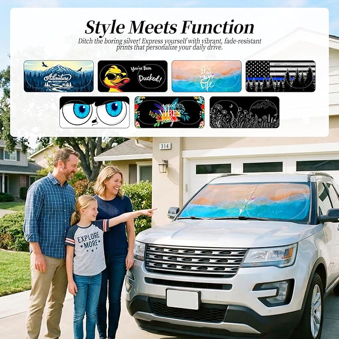 63"x28.5" Car Windshield Sun Shade with Storage Pouch, Stylish Printed Front Window Sunshade with Double Ring Frame, Universal Fit Foldable Heat Blocker & UV Protector for SUV, Sedan (Beach)