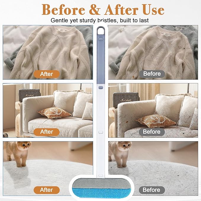 Pet Hair Remover for Furniture, Reusable Lint Roller for Dog and Cat Hair - 20.5" Multifunctional Fur Removal Tool with Long Handle Squeegee Gentle on Couch Carpets Clothes Bedding (Bl, Hand Operate)