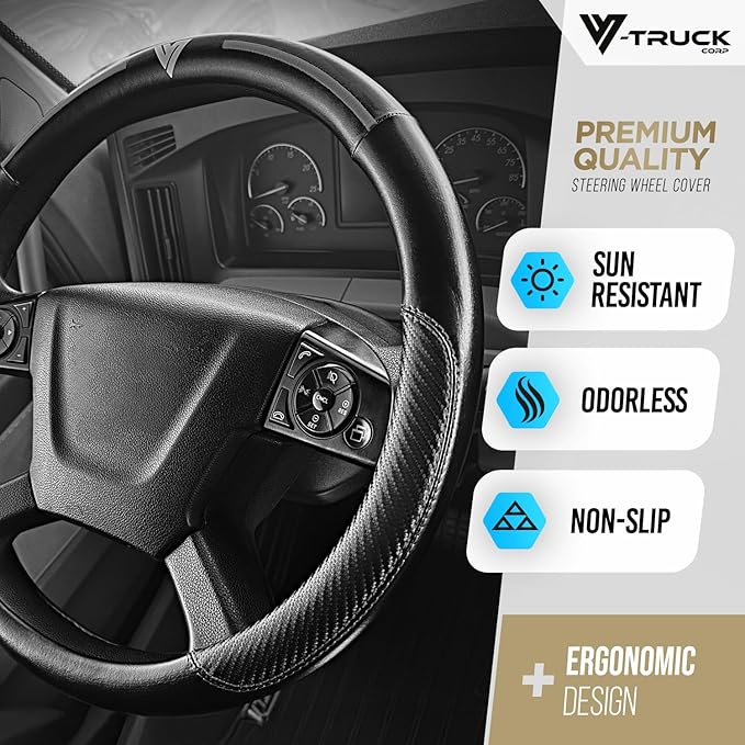 18-Inch Genuine Leather Steering Wheel Cover for Semi Trucks – Black with Grey Stripes, Universal Fit Heavy-Duty Non-Slip Grip, Comfortable Control, Easy Installation
