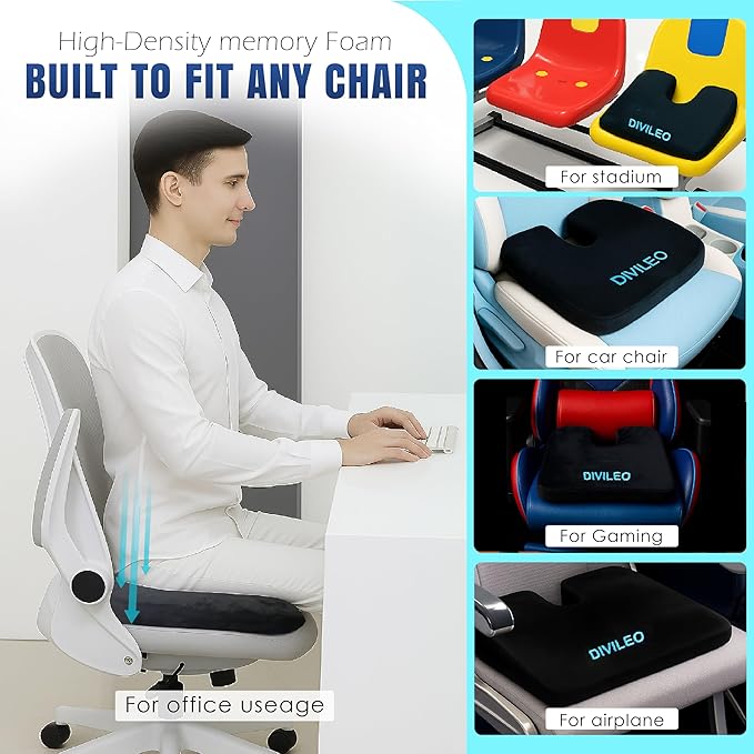 Orthopedic Seat Cushion for Tailbone & Sciatica Pain Relief – Ergonomic U-Shaped Memory Foam Chair Pad for Office, Car & Home – Coccyx Support, Back & Hip Comfort, Free Extra Washable Cover