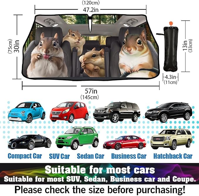 Socira Funny Squirrels Car Windshield Sunshade Umbrella Foldable Visor Umbrella Sun Shade Cover Funny Animal Sunshade Front Window Cover Squirrels Car Accessories Blocks Uv Rays 57" X 30"