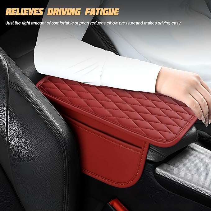 Car Center Console Cover, Leather Vehicle Armrest Seat Box Cushion Pad with Storage Bags, Waterproof Automotive Middle Console Protector, Universal for SUV RV Truck (Wine Red)
