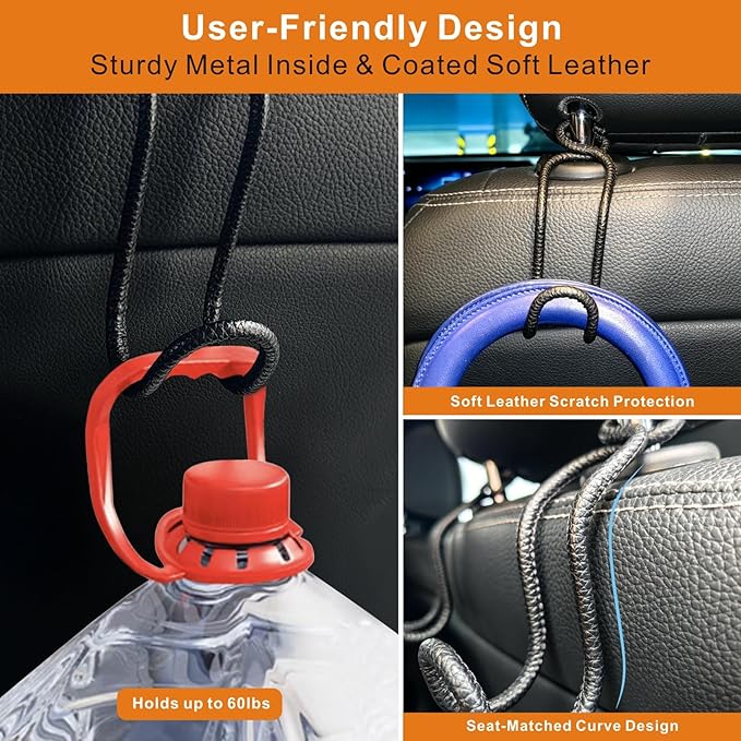 Idefair Car Headrest Hooks, 4 Pack Universal Car Hooks for Bag Purse Groceries, Heavy Duty Car Seat Back Storage Organizers Holds Up to 60LBS/Per Hook - Black Leather/2S+2L