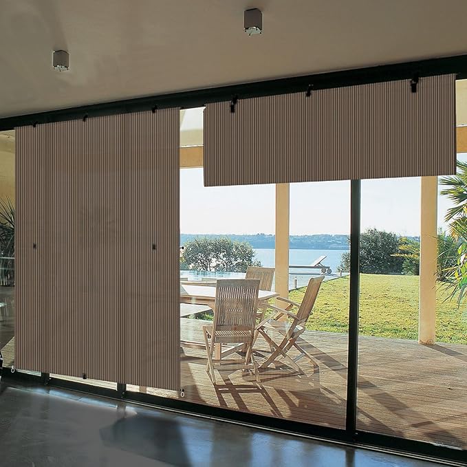 Bynbbur 4'W x 5.5'H Outdoor Patio Shades Foldable Roller Blinds, 220 GSM Sun Shade Roll Up Porch Screens Exterior Shade Cloth for Deck Pergola Backyard, Brown