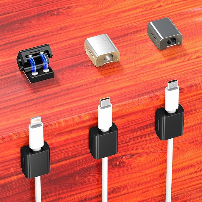 AGVEE 8 Pack Magnetic Cord Organizer Clips, 10mm Ultra-Thin Aluminum Cable Management Holder, 2 Pairs of Strong Magnets Keeper for Home Desk Office Gadgets Accessories, Residue-Free Tape, Black