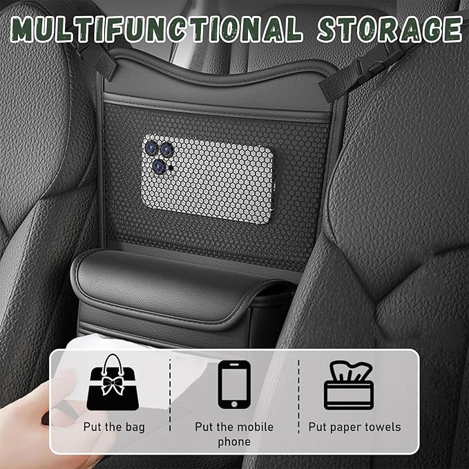 Car Organizer Storage Between Seats, Nappa Leather Auto Handbag Holder for Document Phone Storage, Large Capacity Automotive Console Pocket Purse, Car Accessories (Black)