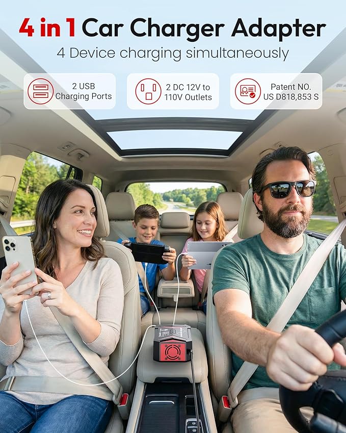 BESTEK Pure Sine Wave Power Inverter - 300W Car Plug in Charger Outlet DC 12V to 110V AC - Cigarette Lighter Adapter 4.8A Dual USB Fast Charging Ports for Phone, Laptop, CPAP - Black