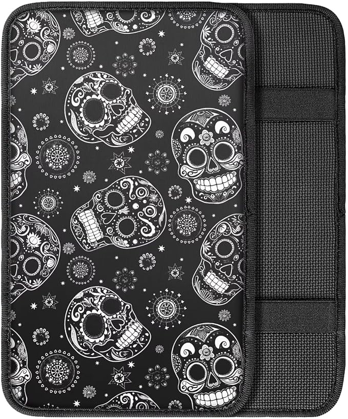 Dreaweet Halloween Center Console Cover for Car Hippie Skull Black Arm Rest Cover Pad Horror Car Accessories Decor Universal Armrest Cover for Cars Trucks SUV Sedan