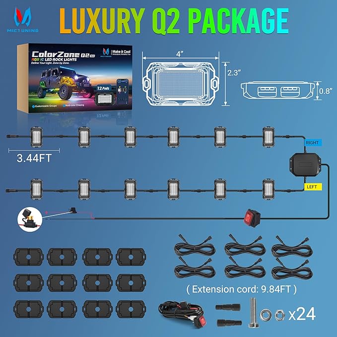 MICTUNING Q2+ MAX RGB+IC Rock Lights - 12 Pods Multi-Color DIY Effect Underglow Neon Kit, Individual Group Control, APP Music Sync, IP68 Waterproof
