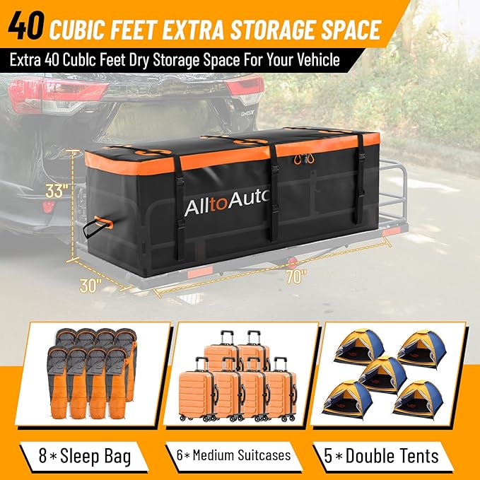 40 CuFt Waterproof Cargo Bag for Hitch Carrier | 70"x30"x33" Trailer Hitch Cargo Carrier | Weatherproof Truck Bed Storage with Straps, Lock & Carry Case | PVC Vehicle Soft-Shell Carriers
