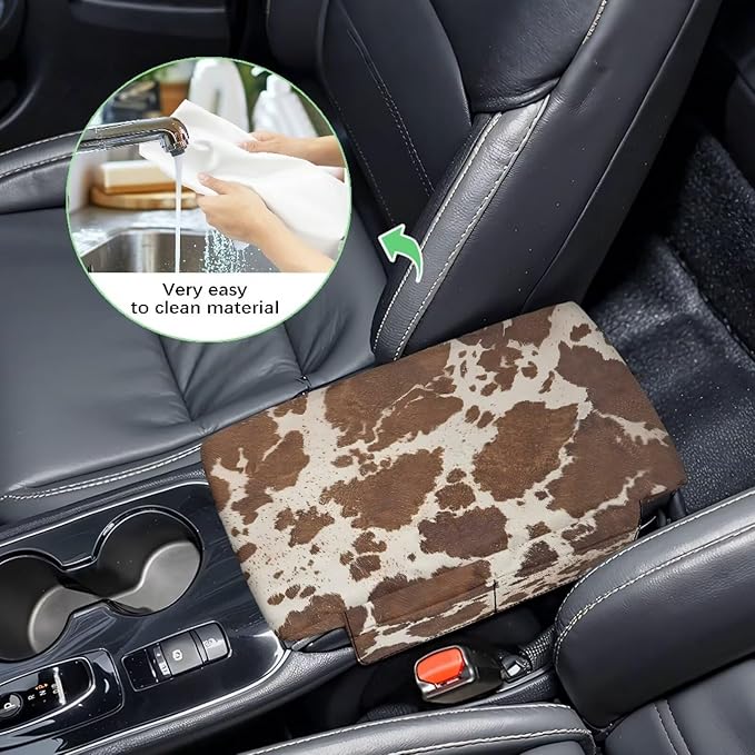 Wanyint Brown Beige Cow Print Car Center Console Pad Comfortable Armrest Box Protector Soft Hand Rest Pillow for Car Seat Organizer Arm Rest Cushion Protective Cover Automobile Decor