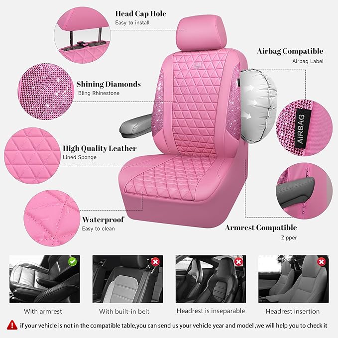 CAR PASS Bling Diamond Pink Leather Car Seat Covers for 2 Front Seats Protector, Waterproof Shining Glitter Sparkly Crystal Universal Armrest Fit Automotive Truck SUV Cute Women Girl, Pink Rhinestone