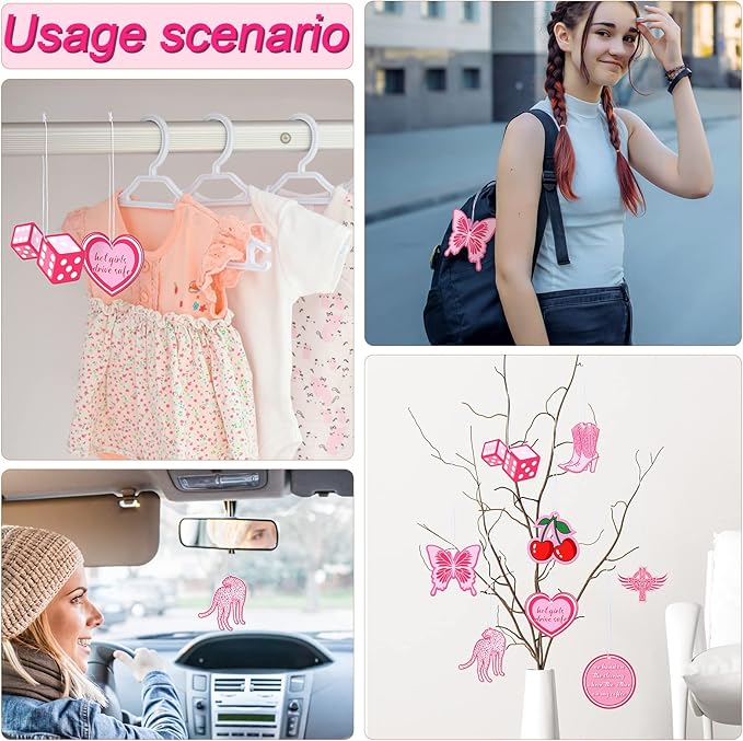 Tallew 8 Pcs Scented Pink Car Freshies Hanging Air Freshener Pink Car Freshener Slice Pendant Scented Diffuser for Interior Air Accessories Home Gift Supplies(Cherry)