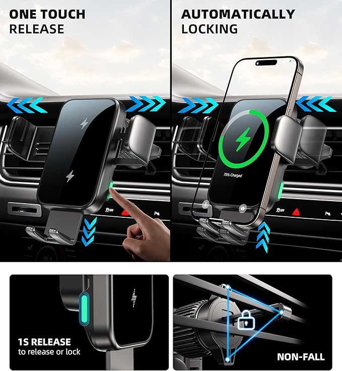Dual Coil 15W Cup Phone Holder Mount,Wireless Car Charger Auto-Clamping Fast Charging Vent Phone Holders for Your Car for iPhone Series,Samsung Flip S24 S23 S22 Ultra (Black-White)