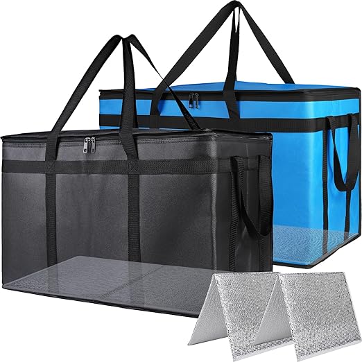 Bodaon 2PK Cooler Insulated Food Delivery Bag with Bottom for Delivery Drivers, XXX-Large Thermal Bags for Catering/Hot Pizza, Travel/Camping/Picnic Basket，Grocery Reusable Warmer Frozen, Black-Blue