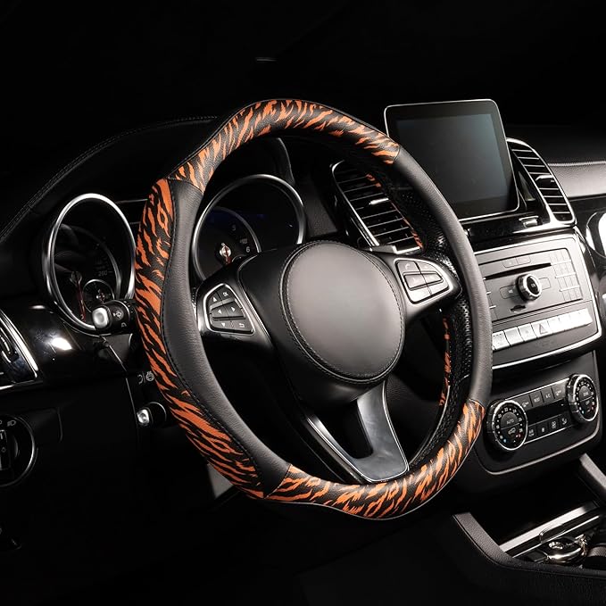 Lord Autofashion Steering Wheel Cover – PU Leather, Non-Slip Rubber Inner, All-Season Comfort – 14.5–15 Inch (Black/Tiger 8684)