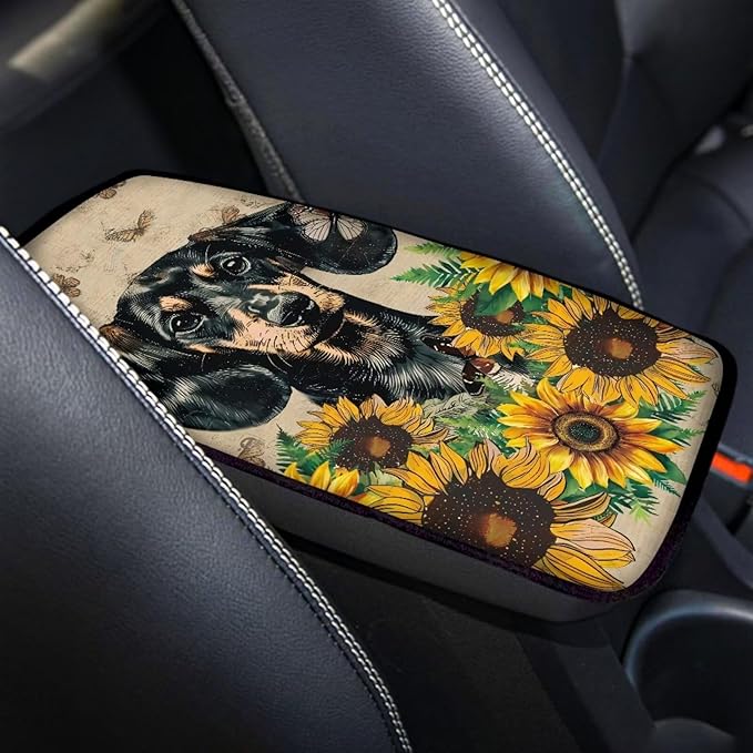 Suobstales Dachshund Sunflower Butterfly Print Car Accessories Center Console Cover Replacement, Universal Armrest Cover for Car Center Console for Truck Sedan SUV