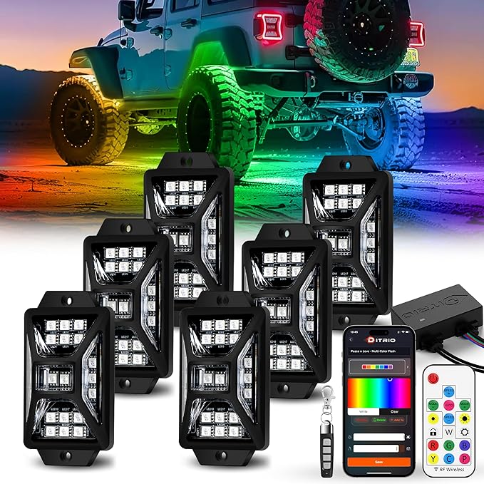 6 Pods Five Sided RGB Rock Lights for Trucks Jeep UTV SUV ATV Golf Cart, Multi Chasing Color App/Remote Control Led Rock Lights with Music Mode, Waterproof Exterior Underglow Kits for Cars