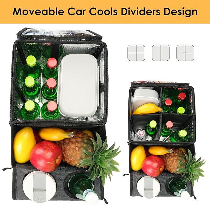 Car Seat Organizer, Backseat Car Organizer with Cup Holder Tray and Storages for Kids and Adults, Portable Travel Cooler for Car for Front or Back Seat Passenger Organizer Ccompartment (Grey)