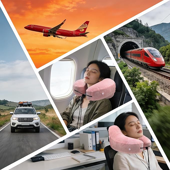 H-Shaped Travel Pillow with Snap-On Hood – Ergonomic Neck Support with Plush Velvet Cover, Instant Inflation & Compact Bag – for Airplane, Car, Office & Long Trips (Red)