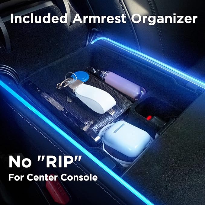 Nestour Interior Car Neon Lights Fit for Tesla Model 3 Y 2016-2020, (Center Console+Dashboard+2 Foot Lights) with Matching Armrest Organizer, Tesla Ambient Lights, APP-Controlled RGB LED Strip Lights