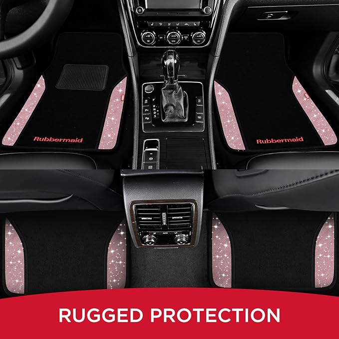Rubbermaid Bling Car Mats, Carpeted Floor Car Mat with Faux Leather & Built-in Heel Pad, Two-Tone Car Rug Floor Mats, Stylish Carpeted Floor Mats for Cars, Trucks & SUVs Glitter Pink Color
