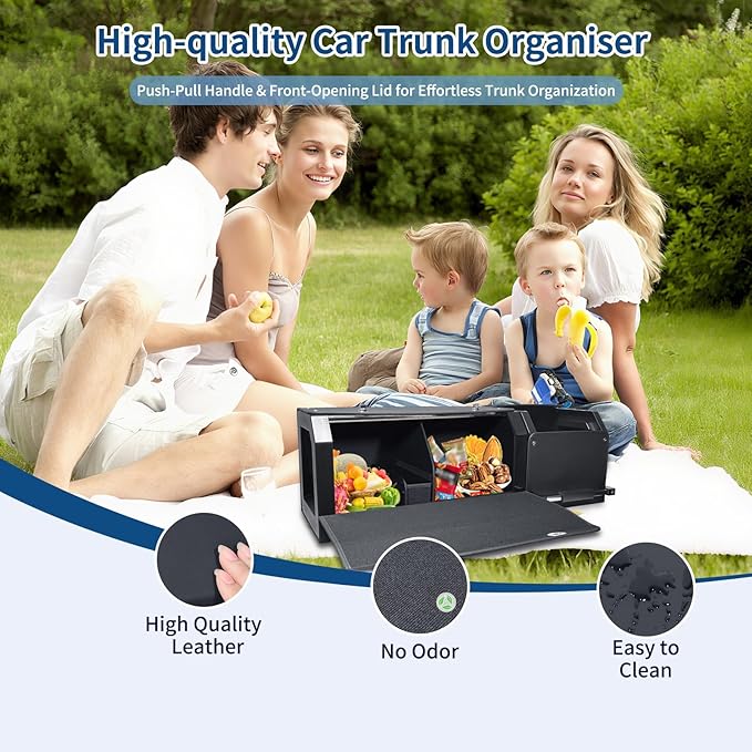 Car Trunk Organizer, Collapsible Leather Car Trunk Storage Organizer with Lid and Sturdy Handle Car Organizer and Storage for SUV, Truck, Sedan (Black, 36.2 x 11.4 x 12.2in)