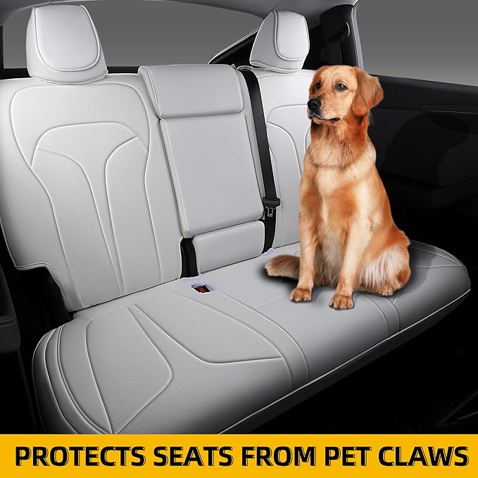 Custom Fit Seat Covers for 2025 2026 Tesla Model Y Juniper (5-Seater), Waterproof Breathable Nappa Leather, OEM Factory Style Full Set Car Seat Protectors Airbag Compatible - White