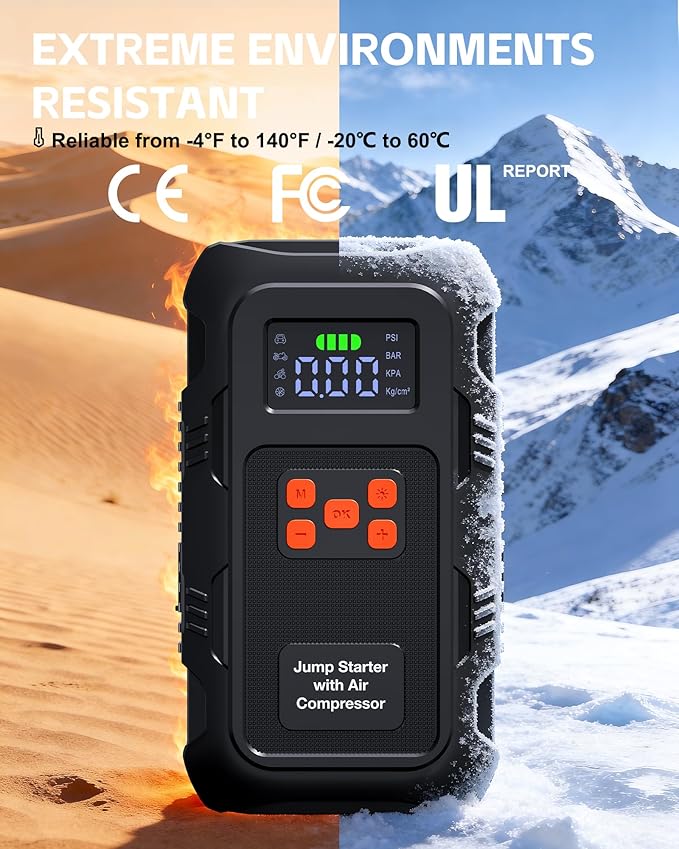 5000A Jump Starter with Air Compressor, Portable Car Battery Jump Starter with 150 PSI Tire Inflator for Up to 10.0L Gas and 8.0L Diesel Engines, 12V Jump Box Battery Charger Booster(Orange)