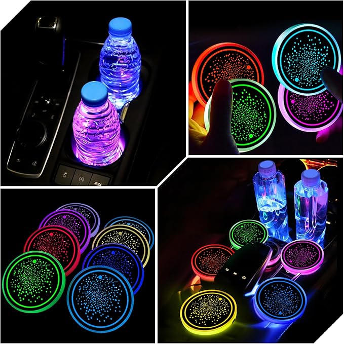 2Pcs LED Car Cup Holder Lights, 7 Colors Light Up Cup Coasters, USB Rechargeable Interior Lighting Accessories for Car Truck Vehicle Decoration﻿