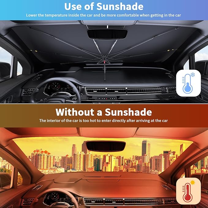 7F Car Sun Shade Umbrella, Protect from Sun Rays and Protect Interior, Sunshade for Car Windshield, Bendable Handle Windshield Cover Sun Shade, [2025 Upgrade] 55" L x 31" W