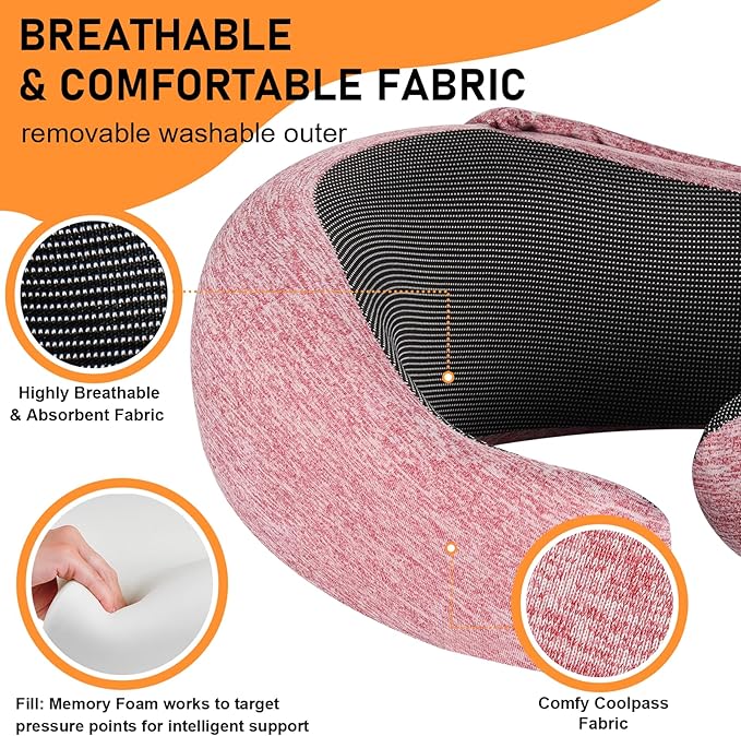 Travel Pillow - Hooded Neck Pillow Airplane Memory Foam Filling for Plane, Cars Sleeping, Road Trip, Long Flights, Portable Plane Accessories, Includes Eye Mask & Earplugs (Red)