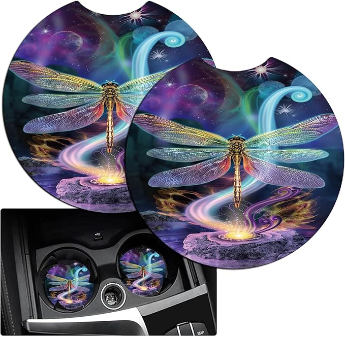 Car Armrest Cover Pads Universal Fashion Cute Auto Center Console Armrest Cover Pad with 2PCS Car Coasters Soft Waterproof Car Armrest Seat Protector for Women, Colorful Dragonfly