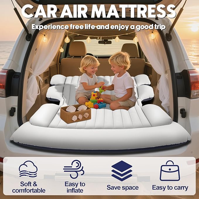 SUV Air Mattress with Air Pump,Thickened Camping Bed with 2 Pillows,Portable Car Air Mattress,Quick Easy Set-Up,Inflatable Bed for Car,Durability car Bed for SUV, Home,Travel,Camping(GreyBlue)