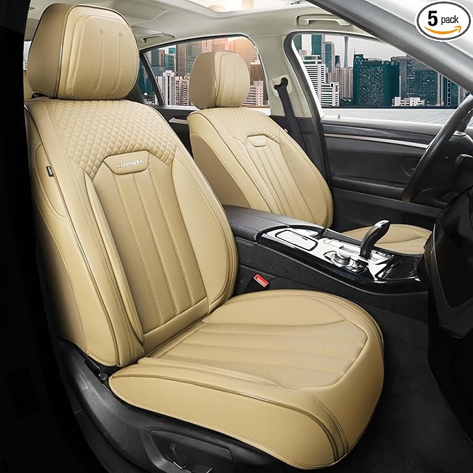 Beige Leather Seat Covers, 5 Seats Universal Car Seat Covers Full Set, Waterproof Automotive Seat Covers Breathable Front and Rear Seat Covers for Most Sedans SUVs Trucks