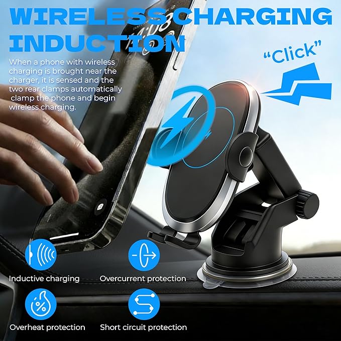 Wireless Car Charger Phone Holder Mount 15W Fast Charging, Auto Clamping with Smart Sensor, Dashboard & Windshield Car Phone Holder for iPhone for Google Samsung Android