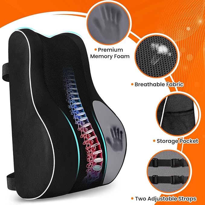 CloudBliss Ergonomic Lumbar Support Pillow – Memory Foam for Lower Back Pain Relief, Adjustable Straps & Mesh Cover for Office, Gaming, Car & Home Essentials (Blue)