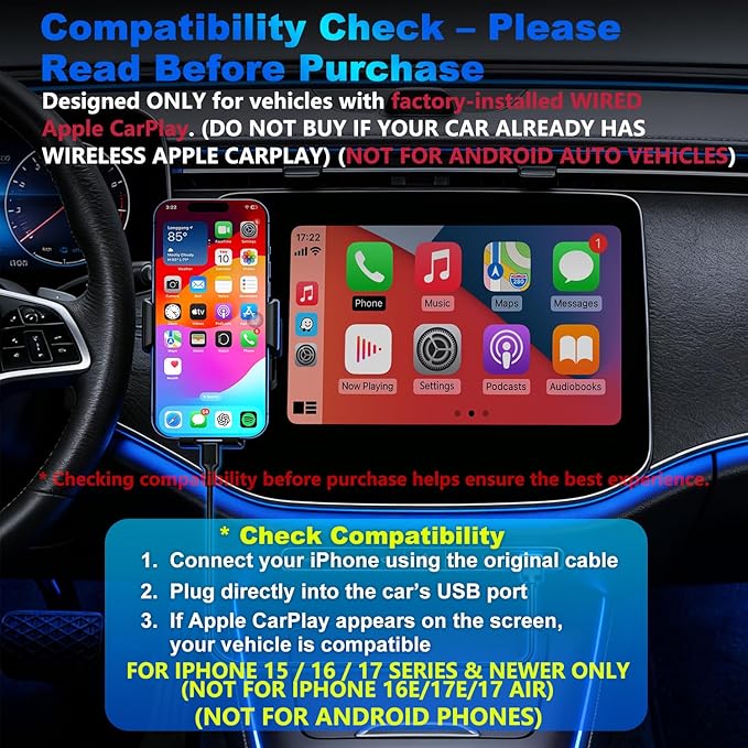 4-in-1 Wireless CarPlay Adapter for iPhone 15/16/17 & Newer, Wired Video Streaming, Screen Mirroring, Two-Way Control & Charging, Plug & Play for Factory Wired CarPlay (Black)