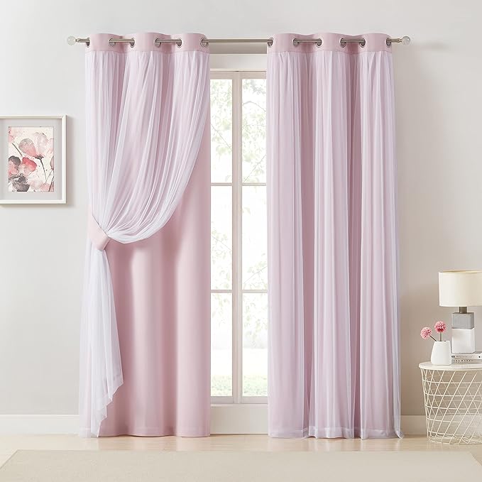 Bujasso Pink Blackout Curtains with Sheer Overlay Mix and Match Double Layer 80% Room Darkening Window Treatment Set for Girls Bedroom Living Room Pink Drapes with Tiebacks Grommet Top 37" Wx95 Lx2