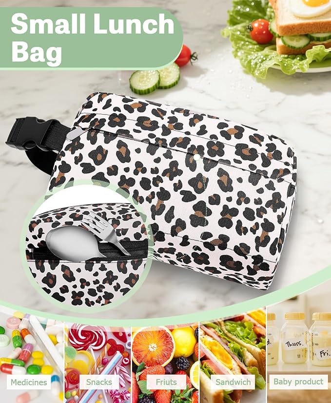 Small Insulated Snack Bag Lunch Bag for Kids Lunch Box for Women/Men, Collapsible [3L/5-Can] Reusable Lunch Bag Cooler Bag for Bottle with Handle Buckle for Work/School/Travel,Leopard Print