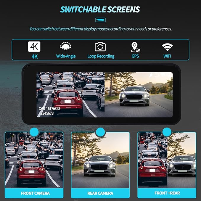Mirror Dash Cam Front 4K+ Rear 1080P, 2 Channel HD Backup Camera Detection with Color Night Vision, 3.16" IPS Touch Screen, Loop Recording, G-Sensor, Wide Angle, Reserve Assist Fit for All Cars