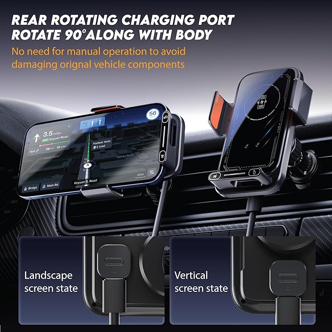 15W Wireless Car Charger & Auto Rotating Car Phone Holder MagSafe Compatible with LED Lights, Gesture Control Clamping, Auto Arm Opening, Built-In Battery, Dual Mount Options for Vent or Dashboard