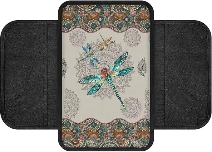 Dragonfly and Boho Mandala Print Car Center Console Cover Wear-Resistan Car Armrest Cover Cushion Lightweight Car Armrest Seat Box Cover Cushion Car Decoration Accessories