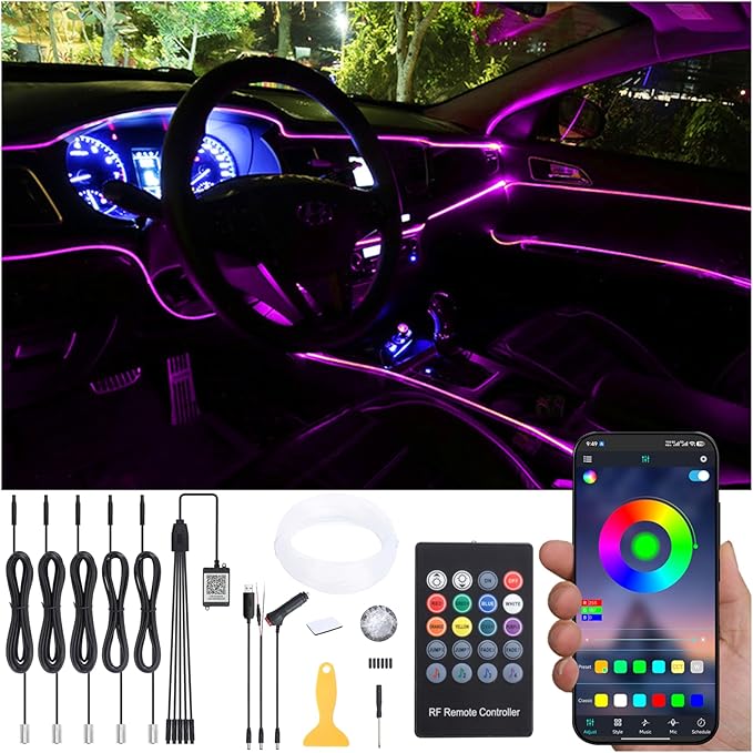 Car Interior Strip Lights, 5 in 1 Multicolor RGB Car Ambient Lighting Kit, 6m Fiber Optic EL Neon Tube Light, DIY Mode Music Sync RF Remote Control + APP Control DC 12V