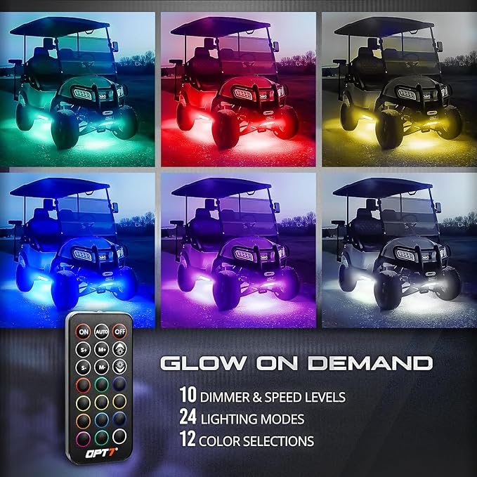 OPT7 12V Aura Golf Cart Underglow LED Light Strips with App & Remote Control, 4PC RGB Multi-Color Music Sync Decor Accessories, Waterproof Exterior Neon Accent Lighting Kit for EZGO Yamaha Club Car